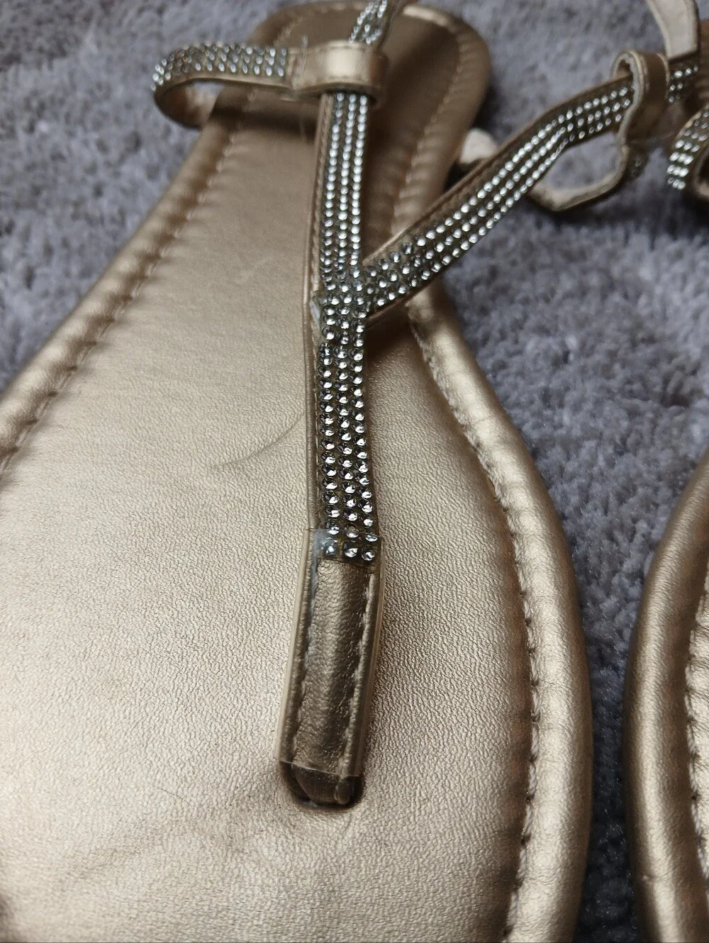 Metallic Gold Rhinestone T-Strap Slingback Flat Sandals 9